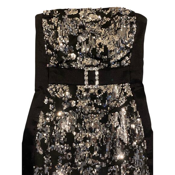 Cache Sequin Strapless Mini Dress US 4 Black Silver Bodycon Cocktail Party Y2K - Picture 5 of 9
